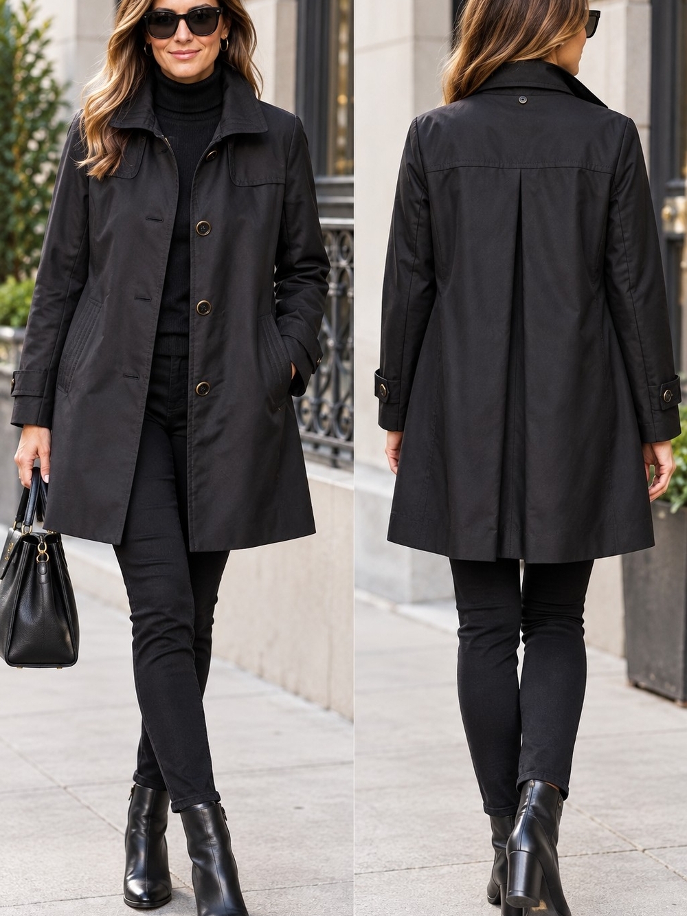 St. John Black Women's Trench Coat SzXS Black Single-breasted Mid-lenght